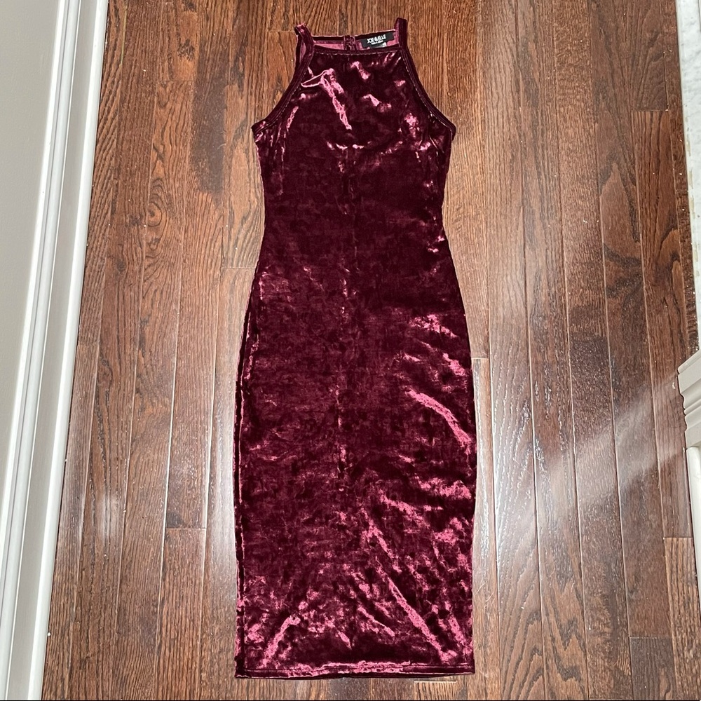 Burgundy velvet midi dress